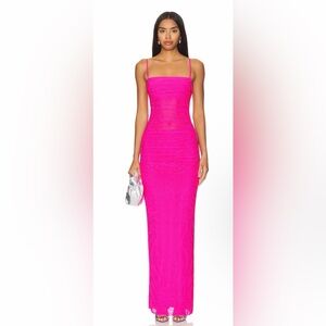 NWT AFRM Bright Pink Ruched Maxi Dress with Dotted Texture